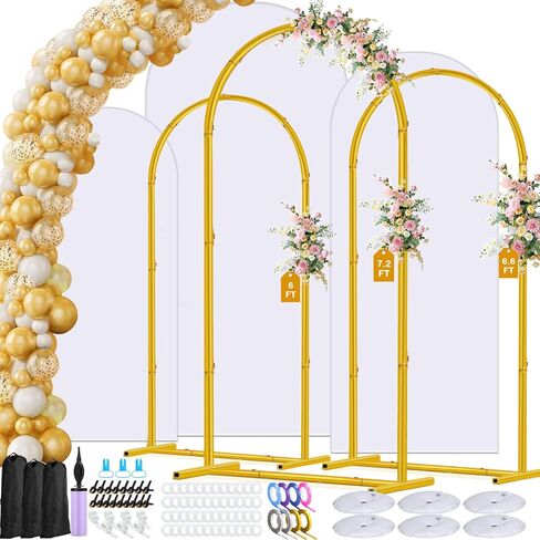 Arch Backdrop Stand and Cover Set| 7.2ft Wedding Metal Arch Stand with Spandex Fitted Backdrop Cover|Gold Balloon Arched Frame White Arch Cover for Birthday Party Baby Shower Graduation Ceremony Decor in Kuwait
