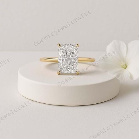 Elongated Radiant Cut Moissanite Ring 14K Solid Yellow Gold Solitaire Minimalist Engagement Jewelry Elegant Gift for Bride in Saudi Arabia