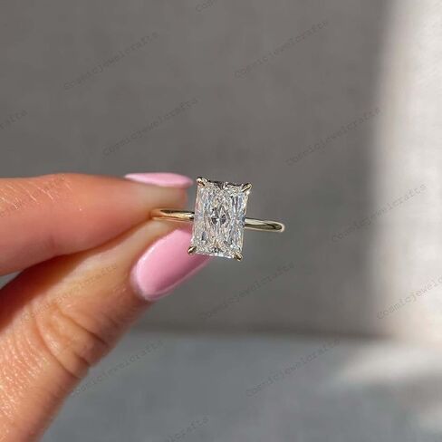 Elongated Radiant Cut Moissanite Ring 14K Solid Yellow Gold Solitaire Minimalist Engagement Jewelry Elegant Gift for Bride in Saudi Arabia