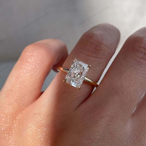 Elongated Radiant Cut Moissanite Ring 14K Solid Yellow Gold Solitaire Minimalist Engagement Jewelry Elegant Gift for Bride in Saudi Arabia