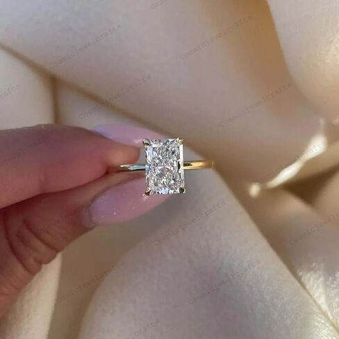 Elongated Radiant Cut Moissanite Ring 14K Solid Yellow Gold Solitaire Minimalist Engagement Jewelry Elegant Gift for Bride in Saudi Arabia