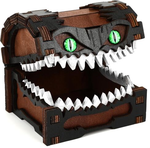 صندوق النرد المحاكي - صندوق كنز الوحش الخشبي بأسنان وعيون خضراء، صندوق مخيف لديكور مكتب الهالوين، تخزين النرد المضحك لألعاب تقمص الأدوار والألعاب الخيالية على الطاولة (Grimjaw) in Kuwait