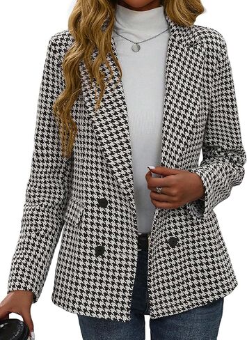 Mina Self 2025 Fall Women's Tweed Houndstooth Blazer Jacket - Plaid Fully-Lined Double-Breasted Casual Work Trendy Pocket in Saudi Arabia