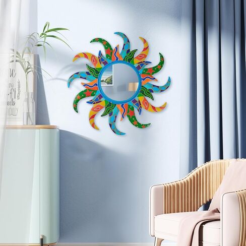 Colorful Sun Wall Mirror Decorative 25 inch Metal Frame Sunburst Boho Mirror for Entryway Bedroom Living Room Bathroom House Warming Gifts New Home Essential (Blue) in Saudi Arabia