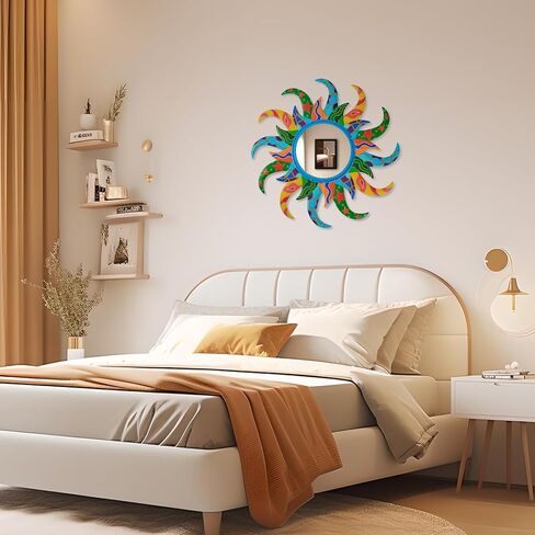 Colorful Sun Wall Mirror Decorative 25 inch Metal Frame Sunburst Boho Mirror for Entryway Bedroom Living Room Bathroom House Warming Gifts New Home Essential (Blue) in Saudi Arabia
