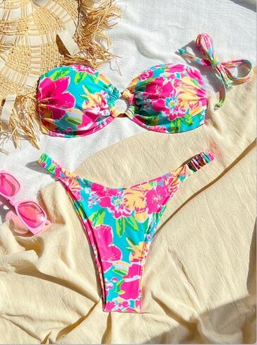 Women's Bikini Set Sexy Tropical Floral Print Swimsuit High Cut V-Thong Bandeau Top Swimwear Beach Vacation in Saudi Arabia