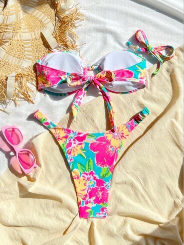Women's Bikini Set Sexy Tropical Floral Print Swimsuit High Cut V-Thong Bandeau Top Swimwear Beach Vacation in Saudi Arabia