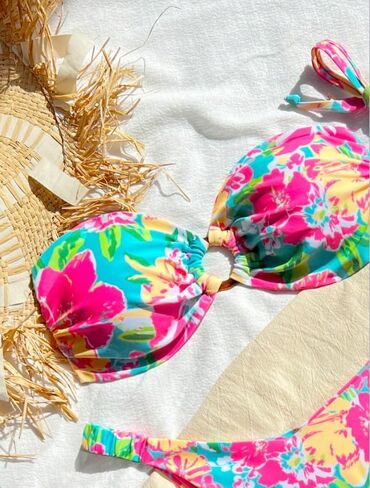 Women's Bikini Set Sexy Tropical Floral Print Swimsuit High Cut V-Thong Bandeau Top Swimwear Beach Vacation in Saudi Arabia