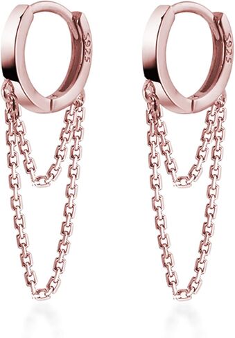Reffeer Solid 925 Sterling Silver Tassel Chain Drop Dangle Small Hoop Earrings Huggie for Women Teen (C-Gold1) in Kuwait