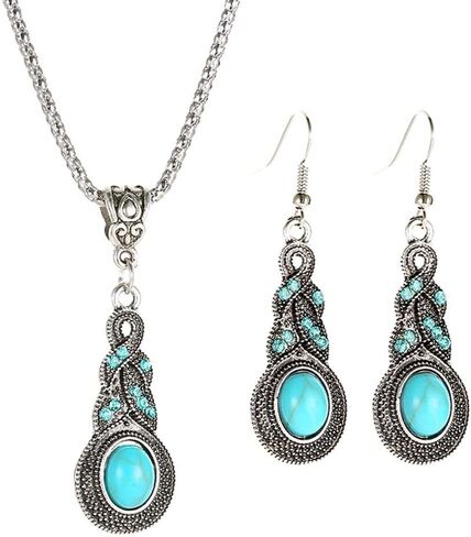 Women Necklace Earring Vintage Turquoise Pendant Chain Collar Ear Studs Party Wedding Jewellery Set Love Gift Durable design in Saudi Arabia