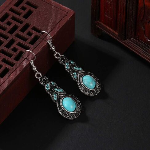 Women Necklace Earring Vintage Turquoise Pendant Chain Collar Ear Studs Party Wedding Jewellery Set Love Gift Durable design in Saudi Arabia