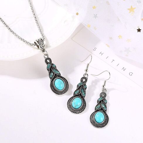 Women Necklace Earring Vintage Turquoise Pendant Chain Collar Ear Studs Party Wedding Jewellery Set Love Gift Durable design in Saudi Arabia