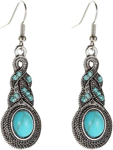 Women Necklace Earring Vintage Turquoise Pendant Chain Collar Ear Studs Party Wedding Jewellery Set Love Gift Durable design in Saudi Arabia