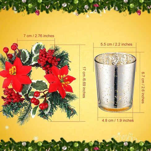 Ceenna Set of 16 Christmas Candle Rings Wreaths Pine Garland Red Berry Poinsettia and Artificial Berries Pine Garland Candle Ring Holder for Christmas Wedding Home Table Centerpiece Party in Saudi Arabia