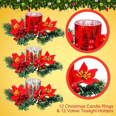 Ceenna Set of 16 Christmas Candle Rings Wreaths Pine Garland Red Berry Poinsettia and Artificial Berries Pine Garland Candle Ring Holder for Christmas Wedding Home Table Centerpiece Party in Saudi Arabia