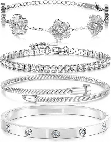 Gold Bracelets for Women-4Pcs 18K Gold Plated Love Bangle Tennis Clover Nail Bracelets Stack Set for Women Trendy Non Tarnish Stainless Steel Gold Bangles Accessories Designer Jewelry in Saudi Arabia