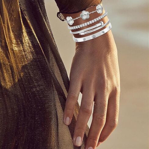 Gold Bracelets for Women-4Pcs 18K Gold Plated Love Bangle Tennis Clover Nail Bracelets Stack Set for Women Trendy Non Tarnish Stainless Steel Gold Bangles Accessories Designer Jewelry in Saudi Arabia