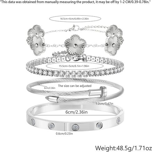 Gold Bracelets for Women-4Pcs 18K Gold Plated Love Bangle Tennis Clover Nail Bracelets Stack Set for Women Trendy Non Tarnish Stainless Steel Gold Bangles Accessories Designer Jewelry in Saudi Arabia