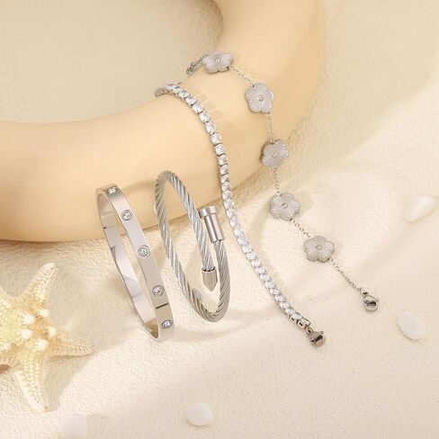 Gold Bracelets for Women-4Pcs 18K Gold Plated Love Bangle Tennis Clover Nail Bracelets Stack Set for Women Trendy Non Tarnish Stainless Steel Gold Bangles Accessories Designer Jewelry in Saudi Arabia