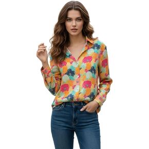 Elina fashion Paisley Print Polyester Button-Down Shirt for Women, Long Cuff Sleeve, V-Neck Collar in Kuwait
