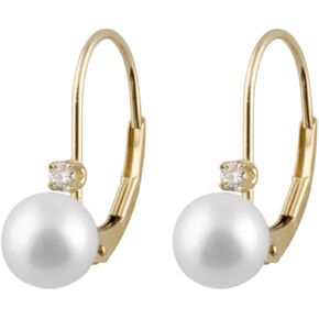 أقراط AAA + 6-6.5 مم من لؤلؤ المياه العذبة المستدير الأبيض والألماس 0.06 قيراط من الذهب عيار 14 قيراط على شكل كرة Huggie in Kuwait