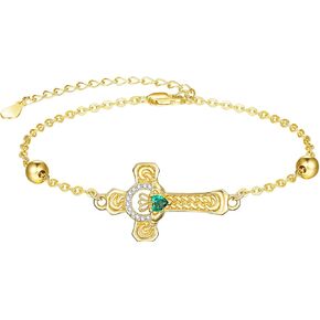 TANGPOET Claddagh Bracelet for Women 925 Sterling Silver Gold Plated Emerald Green Heart Stone Irish Celtic Jewelry Gifts for Birthday St Patricks Day Christmas Valentines Mothers Day in Saudi Arabia