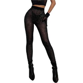 MakeMeChic Women's Rhinestone Mesh Sheer Leggings Elastic Waisted Skinny Party Club Pants in Kuwait