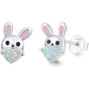Opal Rabbit Earrings 925 Sterling Silver Bunny Stud Earrings Hypoallergenic Small Animal Gifts for Women Sensitive Ears in Kuwait