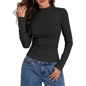 قمصان نسائية قطنية بأكمام طويلة ورقبة وهمية تي شيرت أساسي بقصة ضيقة للخريف كاجوال ملابس علوية عصرية in Kuwait