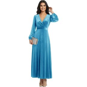 Womens Velvet Formal Dresses Long for Women Long Sleeves V-Neck Pleated A-Line Prom Cocktail Party Gowns L04002 in Kuwait