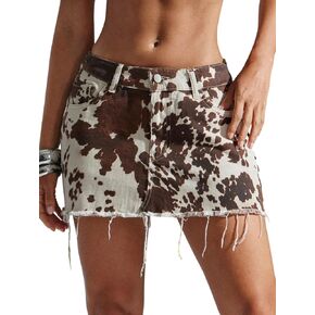 تنورة Milumia النسائية من قماش الدنيم بحاشية خام وطباعة بقرة Y2k، تنانير قصيرة للمهرجانات الصيفية منخفضة الخصر in Kuwait