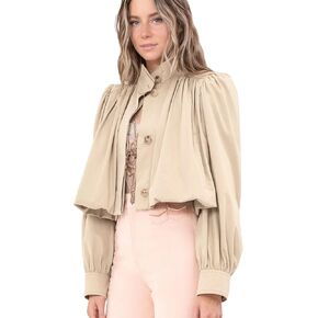 Xunger Women's Gathered Stand Collar Cropped Jacket Button Front Long Sleeves Streetwear Casual Short Outerwear with Pockets in Saudi Arabia