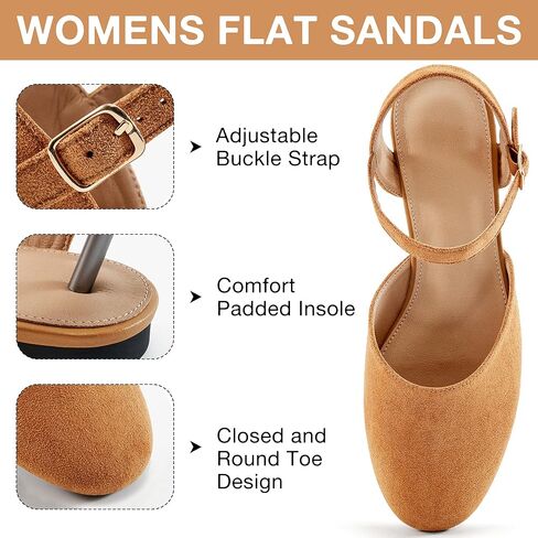 Ecetana Womens Flats Sandals Dressy Summer Comfortable Casual Fashion Round Toe Slingback Shoes with Buckle Ankle Strap in Kuwait