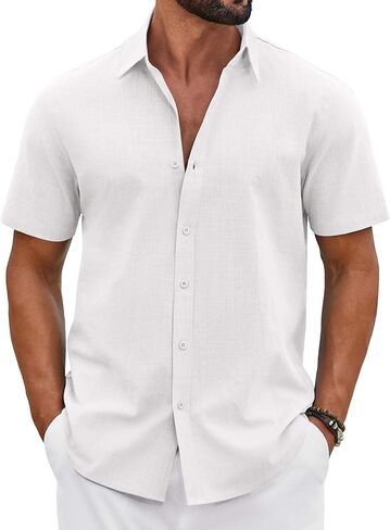 COOFANDY Mens Button Down Shirts Short Sleeve Casual Shirt Cotton Summer Beach Linen Wedding Shirts in Saudi Arabia