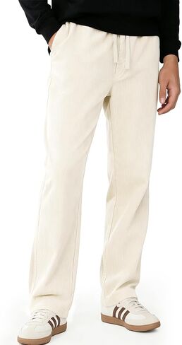 Men's Corduroy Pants Cotton Baggy Straight Leg Loose Fit Soft Stretch Casual Drawstring Elastic Waist in Saudi Arabia