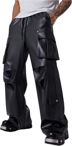 Men's PU Leather Baggy Cargo Pants Drawstring Waist Straight Leg Loose Long Pants Trousers in Saudi Arabia