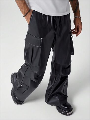 Men's PU Leather Baggy Cargo Pants Drawstring Waist Straight Leg Loose Long Pants Trousers in Saudi Arabia
