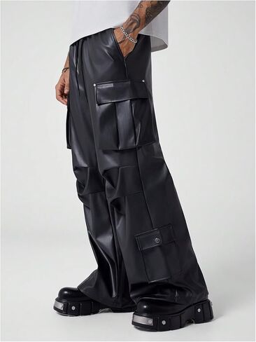 Men's PU Leather Baggy Cargo Pants Drawstring Waist Straight Leg Loose Long Pants Trousers in Saudi Arabia