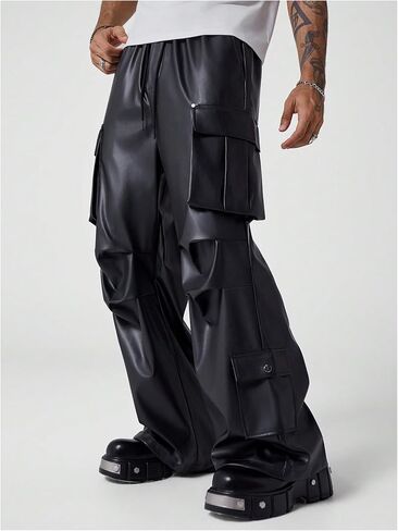 Men's PU Leather Baggy Cargo Pants Drawstring Waist Straight Leg Loose Long Pants Trousers in Saudi Arabia
