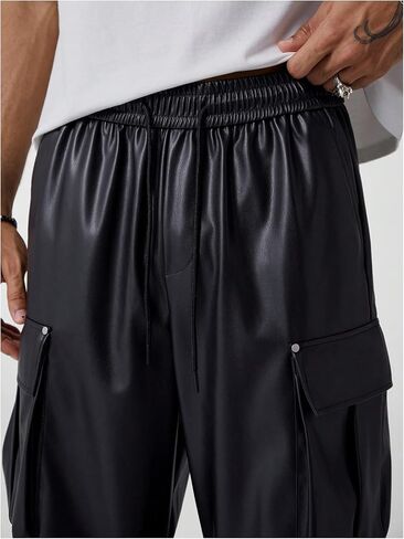 Men's PU Leather Baggy Cargo Pants Drawstring Waist Straight Leg Loose Long Pants Trousers in Saudi Arabia
