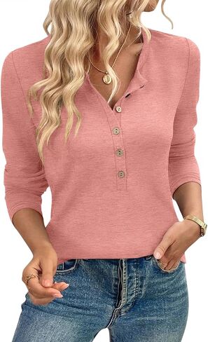 TICTICMIMI Women's Button Down Shirts Long Sleeve Henley Tops Casual Tunic Blouse in Saudi Arabia