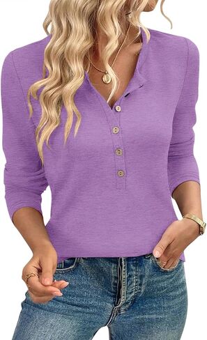 TICTICMIMI Women's Button Down Shirts Long Sleeve Henley Tops Casual Tunic Blouse in Saudi Arabia