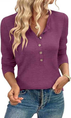 TICTICMIMI Women's Button Down Shirts Long Sleeve Henley Tops Casual Tunic Blouse in Saudi Arabia