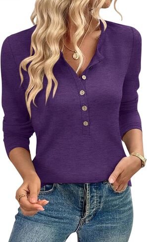 TICTICMIMI Women's Button Down Shirts Long Sleeve Henley Tops Casual Tunic Blouse in Saudi Arabia