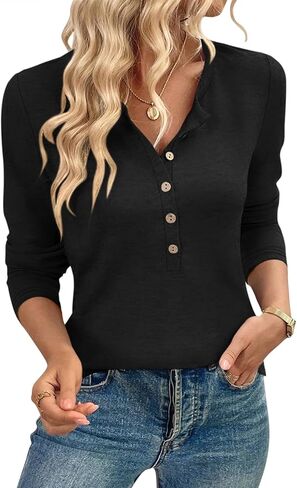 TICTICMIMI Women's Button Down Shirts Long Sleeve Henley Tops Casual Tunic Blouse in Saudi Arabia