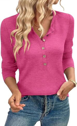 TICTICMIMI Women's Button Down Shirts Long Sleeve Henley Tops Casual Tunic Blouse in Saudi Arabia