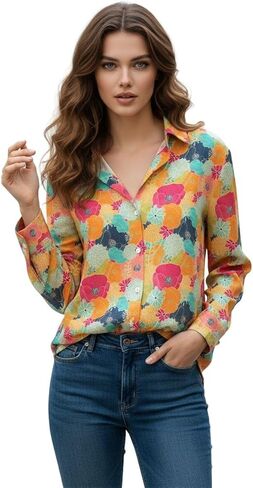 قميص بوليستر بأزرار سفلية بطبعة بيزلي من إلينا فاشون للنساء، أكمام طويلة، وياقة على شكل حرف V in Saudi Arabia