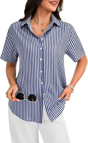 LYANER Women's Striped Collared V Neck Button Down Back Split Short Sleeve Casual Shirt Tops in Saudi Arabia