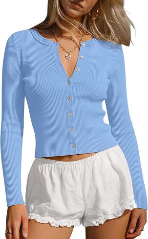 Darong Women's Long Sleeve Ribbed Knit Slim Fit Top Button Down Lightweight Cardigan Going Out Shirts Spring Clothes 2026 in Saudi Arabia