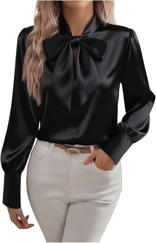 Womens Bow Tie Neck Satin Shirts Long Sleeve Elegant Silk Blouses Dressy Casual Business Office Work Tops Lightweight in Saudi Arabia
